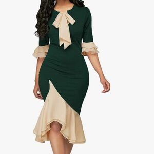 Green and Cream Asymmetrical Ruffled Sheath Dress